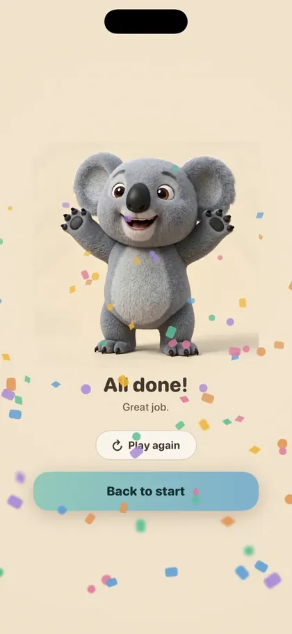 Koala celebrating with confetti when the timer is done