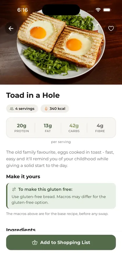 Recipe detail: servings, calories, and protein, fat, carbs and fibre per serve